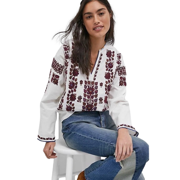 🐢Anthropology Tiny size M Agatha boho Embroidered White& Burgundy Women's Top - Picture 2 of 11